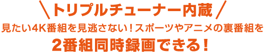 トリプルチューナー内蔵　見たい番組を見逃さない！スポーツやアニメの裏番組を2番組同時録画できる！