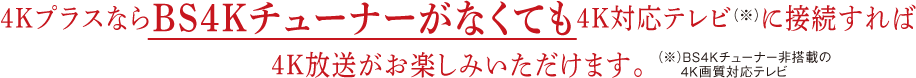 4Kプラスなら4Kチューナーがなくても4K対応テレビに接続すれば4Kがお楽しみいただけます。